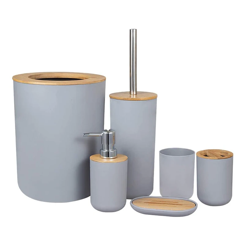 Bathroom Accessories Set Bamboo Plastic Bathroom Kit Toothbrush Cup, Soap Dispenser, Soap Dish, Toilet Brush Holder,Trash Can 
Bathroom Accessories Set Bamboo Plastic Bathroom Kit Toothbrush Cup, Soap Dispenser, Soap Dish, Toilet Brush Holder,Trash Can