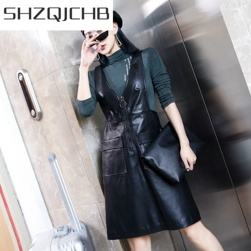JCHB 2021 Office Lady Fit Sheepskin Knee-Length Dress Autumn Genuine Leather V-Neck Zipper Pockets Female A-Line Sleeveless Stra 
JCHB 2021 Office Lady Fit Sheepskin Knee-Length Dress Autumn Genuine Leather V-Neck Zipper Pockets Female A-Line Sleeveless Stra