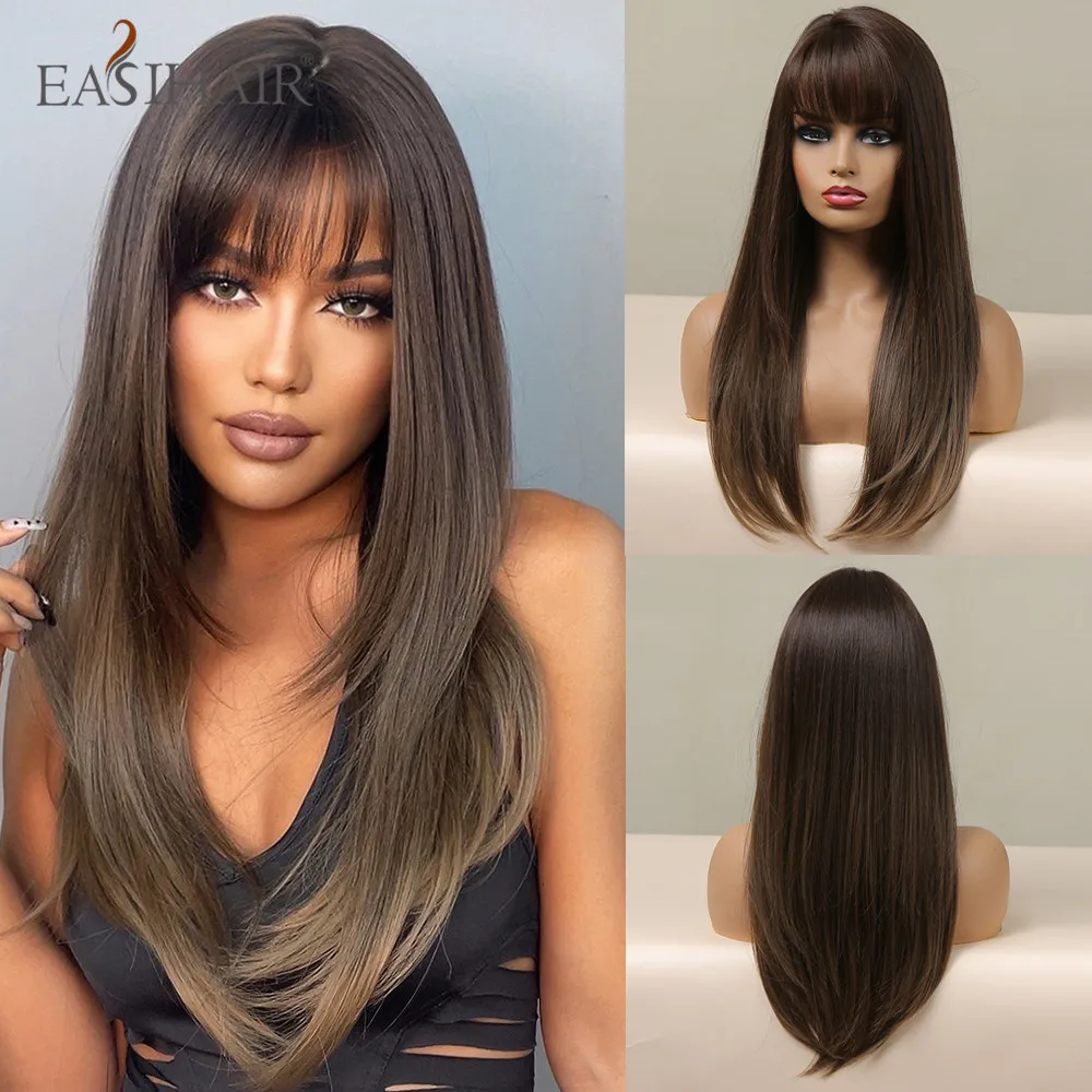 

EASIHAIR Dark Brown Straight Synthetic Wigs with Bang Natural Layered Hairs for Women Daily Cosplay Party Heat Resistant Fibers