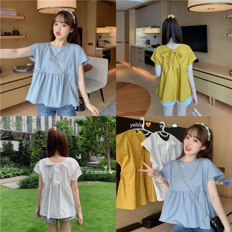 Студенческая универсальная женская рубашка с бантом на спине в Корейском стиле с коротким рукавом летние топы новая свободная облегающая ж... 
Студенческая универсальная женская рубашка с бантом на спине в Корейском стиле с коротким рукавом летние топы новая свободная облегающая ж...