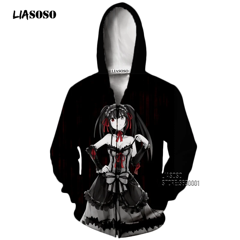 LIASOSO/толстовки с капюшоном 3D принтом аниме Дата и живая для девочек Tokisaki Kurumi