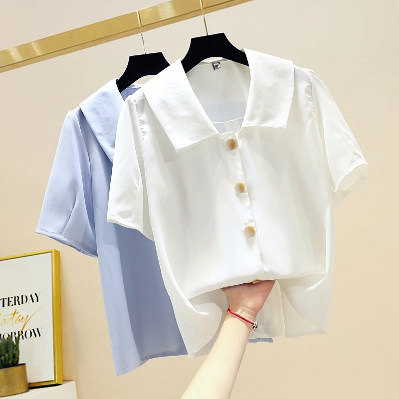 Vintage White Blouse Women Shirts 2020 Summer Peter Pan Collar Single-Breasted Chiffon Blouse Solid Color Short-Sleeved Shirts
Vintage White Blouse Women Shirts 2020 Summer Peter Pan Collar Single-Breasted Chiffon Blouse Solid Color Short-Sleeved Shirts