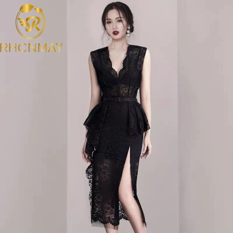 Runway Summer Bodycon Lace Long Dress Women 2020 Elegant Black Lace Dresses Hollow Ruffles Casual sleeveless Dress With Belt
Runway Summer Bodycon Lace Long Dress Women 2020 Elegant Black Lace Dresses Hollow Ruffles Casual sleeveless Dress With Belt