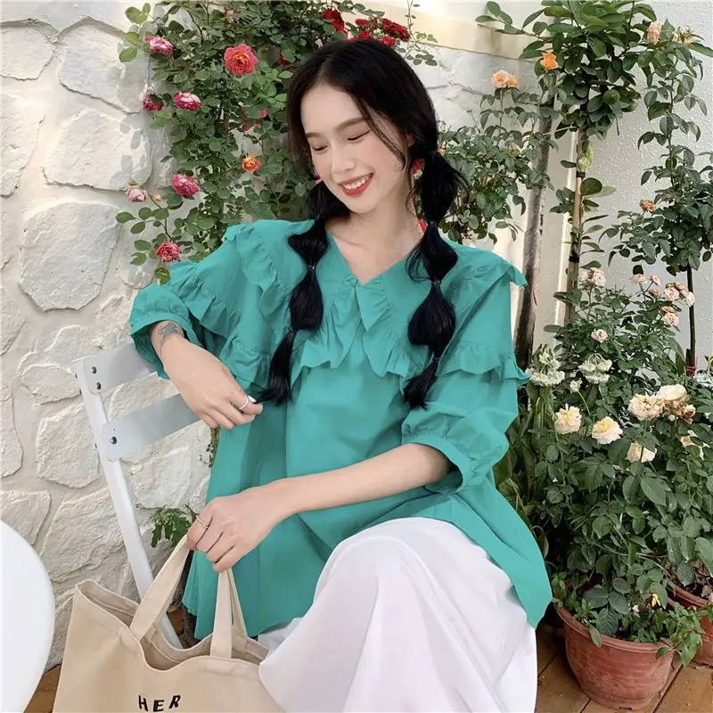 COIGARSAM Casual Loose blouse women Ruffled Belt blusas womens tops and blouses Green White 6824
COIGARSAM Casual Loose blouse women Ruffled Belt blusas womens tops and blouses Green White 6824