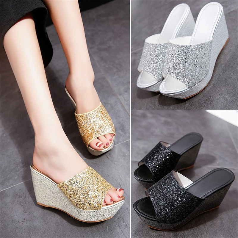 Women's shoes 2021 summer new sexy trend sequined platform wedge slippers
Women's shoes 2021 summer new sexy trend sequined platform wedge slippers