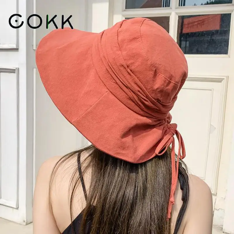 

COKK Bucket Hats For Women Spring Summer Hat Outdoor Sun Protection Fisherman Hat With Rope Panama Hat Ladies Floppy Sunhat