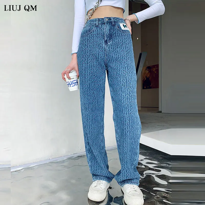 Фото Женские джинсы с высокой талией джинсовые брюки в клетку широкими штанинами
