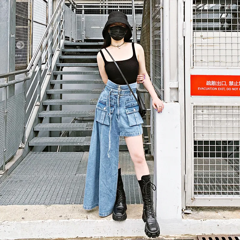 2021 new multi-pocket asymmetrical hem high waist slim long-leg denim long skirt women
2021 new multi-pocket asymmetrical hem high waist slim long-leg denim long skirt women