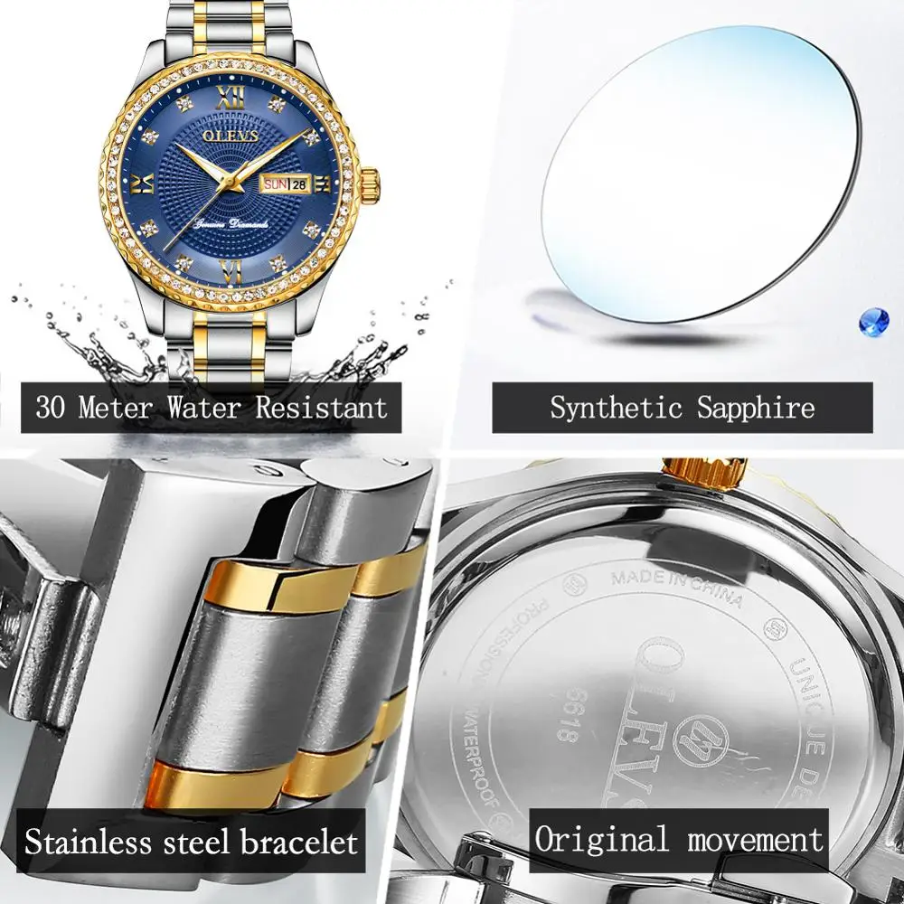 OLEVS Luxury Business Men's Watch Waterproof Luminous Hands Gold Inlaid Rhinestone Dial Stainless Steel Strap Quartz Watch
OLEVS Luxury Business Men's Watch Waterproof Luminous Hands Gold Inlaid Rhinestone Dial Stainless Steel Strap Quartz Watch