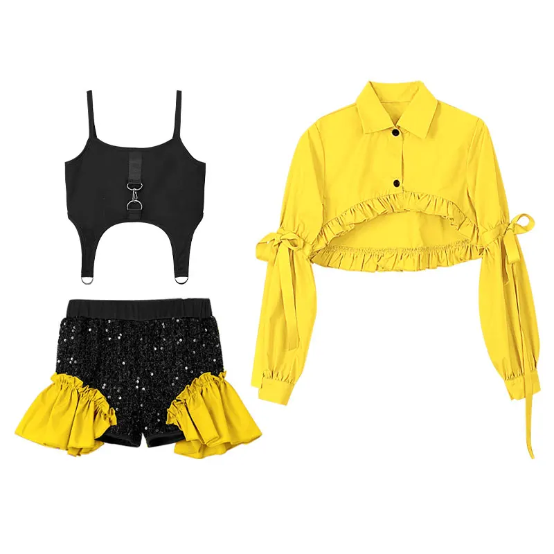 Kids Jazz Dance Costumes 2022 New Catwalk Show Stage Clothes For Kids Yellow Tops Black Vest Sequin Shorts Hip Hop Suit
Kids Jazz Dance Costumes 2022 New Catwalk Show Stage Clothes For Kids Yellow Tops Black Vest Sequin Shorts Hip Hop Suit