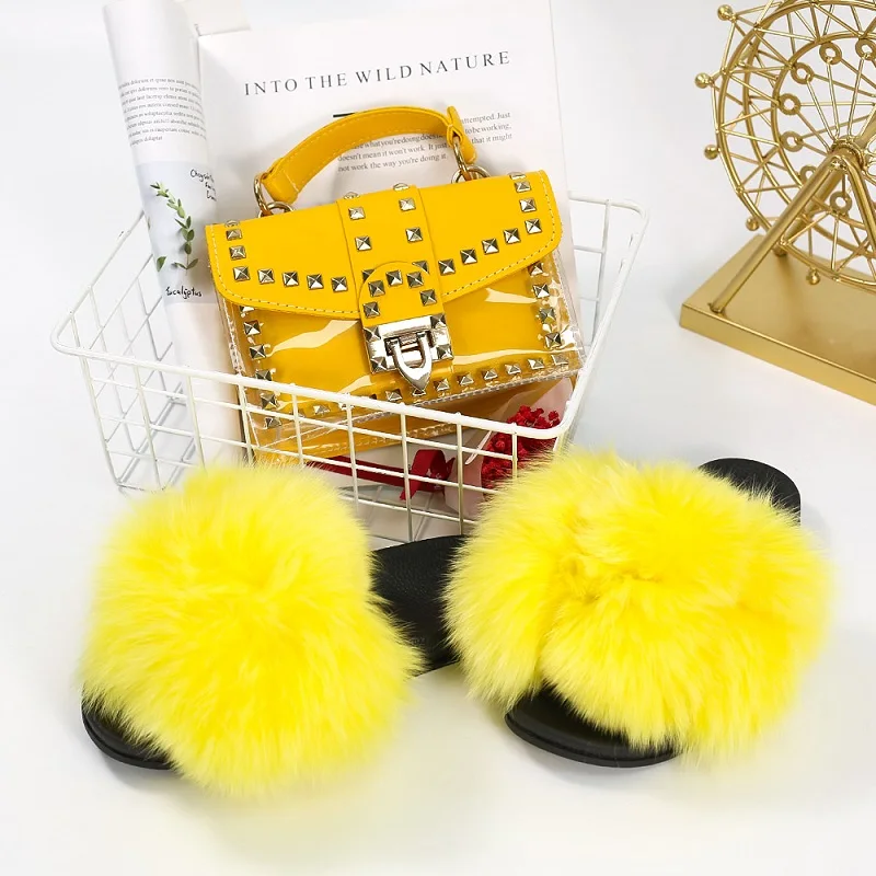 

New Fashion Rivet Bag Transparent Jelly Shoulder Messenger Bag Fluffy Fur Slides Purse Set Plush Flip Flops Furry Sandals Shoes