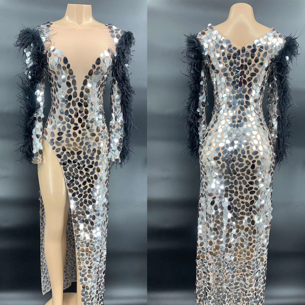 Sexy Feathers Sequin Perspective Party Long Dress Women High Slit Birthday Celebration Evening Dress Singer Stage Costumes
Sexy Feathers Sequin Perspective Party Long Dress Women High Slit Birthday Celebration Evening Dress Singer Stage Costumes