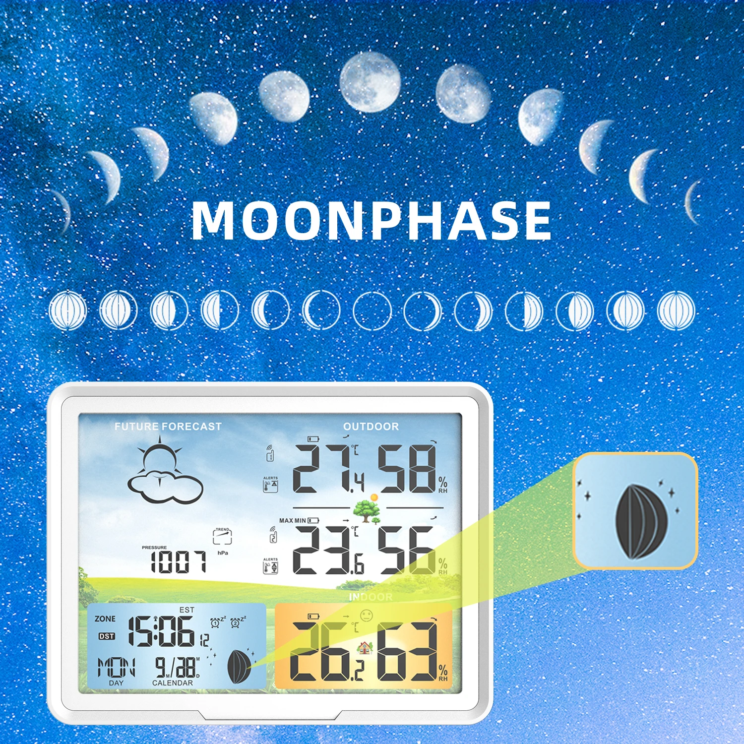 Multifunction Digital Weather Station Alarm Clock In/Outdoor Weather Forecast Thermometer Hygrometer 2 Wireless Sensor 
Multifunction Digital Weather Station Alarm Clock In/Outdoor Weather Forecast Thermometer Hygrometer 2 Wireless Sensor