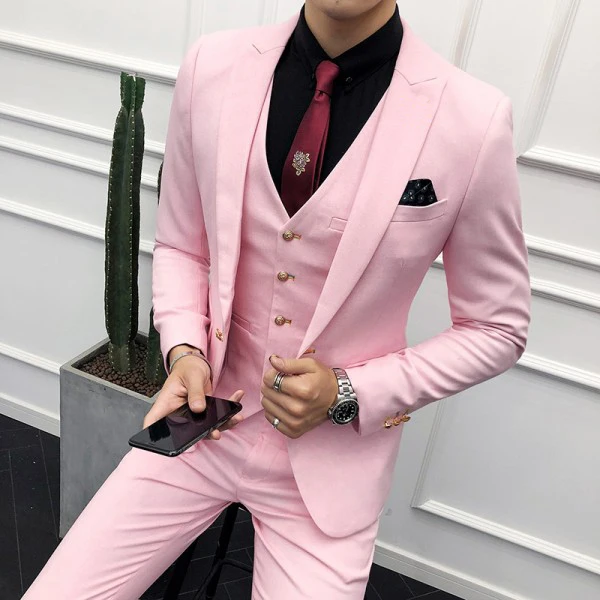 

Tailor-Made Pink Suit Men Brand Slim Fit Business Formal Tuxedo Mint Green Groom Wedding Dress Mens Suits Blazer Vest Pants 3Pcs