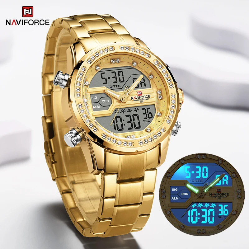 NAVIFORCE Luxury Gold Diamond Watches for Men Stainless Steel Sport Waterproof Quartz Clock Digital Chronograph WristWatch Male
NAVIFORCE Luxury Gold Diamond Watches for Men Stainless Steel Sport Waterproof Quartz Clock Digital Chronograph WristWatch Male