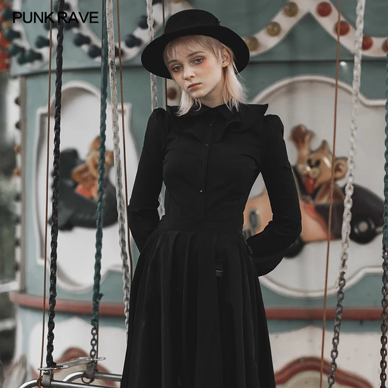 PUNK RAVE Women's Gothic Daily Balck Lotus Collar Shirt Slim Type Lantern Sleeves Casual Long Sleeve Blouses Skull Ghost Buttons
PUNK RAVE Women's Gothic Daily Balck Lotus Collar Shirt Slim Type Lantern Sleeves Casual Long Sleeve Blouses Skull Ghost Buttons