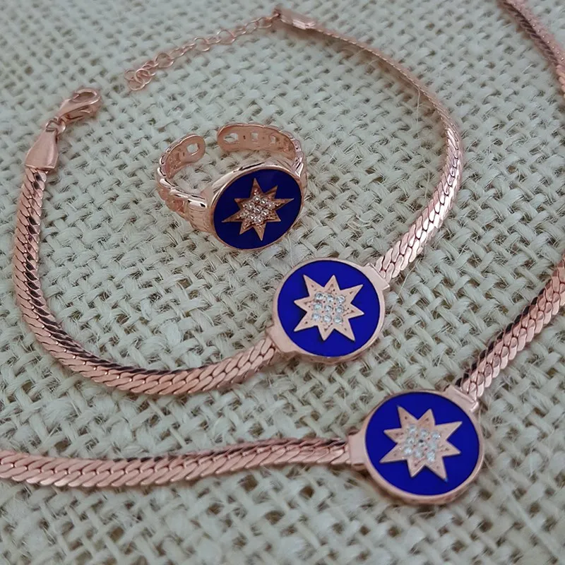 North Star Set Rose Gold Plated 925 Silver Blue Enamel Star Ring Bracelet Necklace Set
North Star Set Rose Gold Plated 925 Silver Blue Enamel Star Ring Bracelet Necklace Set