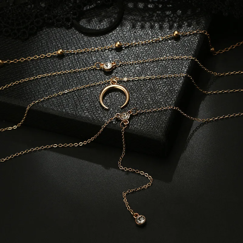 Pearl Chain Water Drop Diamond Moon Pendant Multilayer Long Pendant Necklace 
Pearl Chain Water Drop Diamond Moon Pendant Multilayer Long Pendant Necklace