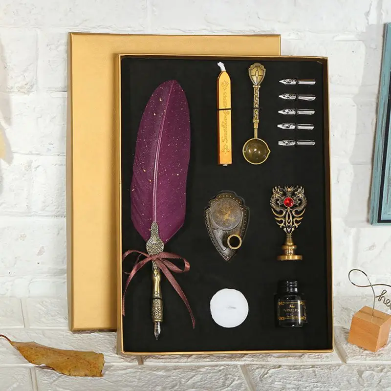 Sprinkle Gold Luxury Vintage Feather Quill Dip Calligraphy Fountain Pen Writing Ink 5 Nibs Set Stationery Gift Box R9JA
Sprinkle Gold Luxury Vintage Feather Quill Dip Calligraphy Fountain Pen Writing Ink 5 Nibs Set Stationery Gift Box R9JA
