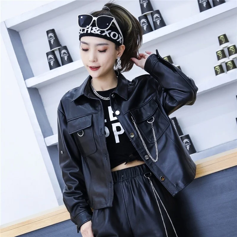 Женская кожаная куртка, Женская куртка с длинным рукавом, с цепочкой и карманом, из шкуры ягненка для весны и осени 
Женская кожаная куртка, Женская куртка с длинным рукавом, с цепочкой и карманом, из шкуры ягненка для весны и осени