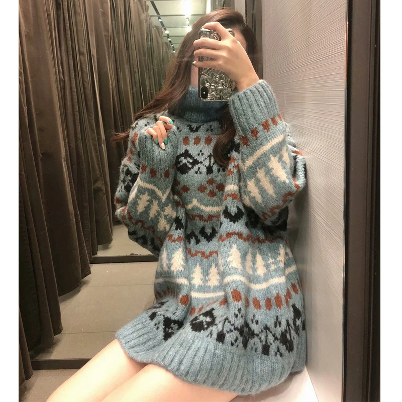 Long Sweater Woman Warm Roll Collar Knit Sweaters Winter Fall 2021 Za Oversized Christmas Sweater Women Blue Jacquard
Long Sweater Woman Warm Roll Collar Knit Sweaters Winter Fall 2021 Za Oversized Christmas Sweater Women Blue Jacquard