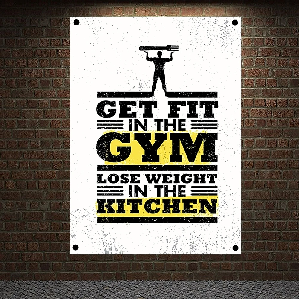 

GET FIT IN THE GYM LOSE WEIGHT IN THE KITCHEN Exercise Fitness Banners Flags Workout Posters Canvas Painting Wall Art Gym Decor