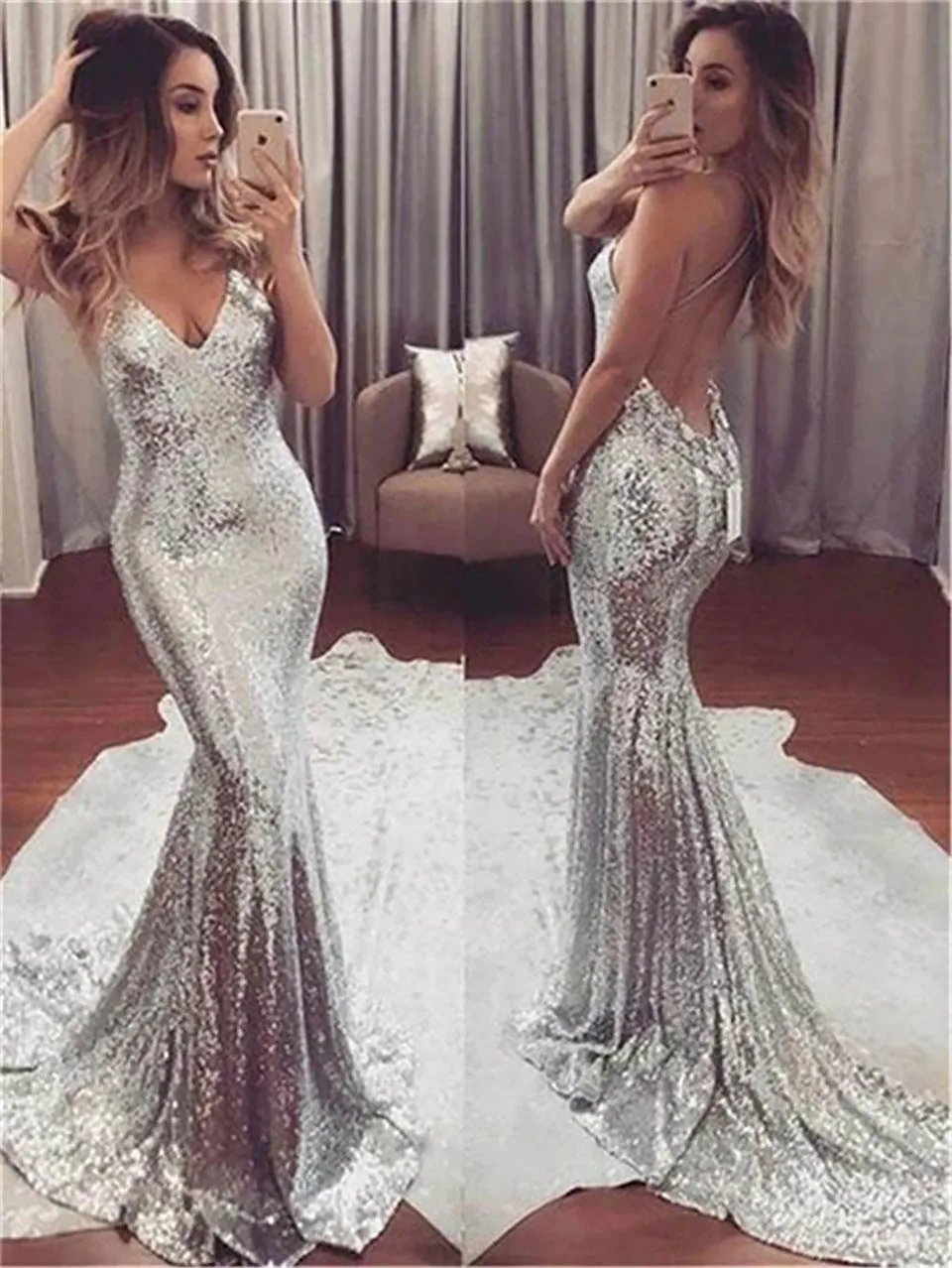 V-Neck Sleeveless Evening Dress Trumpet Mermaid Spaghetti Sequined Sweep Train Formal Dresses Backless Prom Party Gown
V-Neck Sleeveless Evening Dress Trumpet Mermaid Spaghetti Sequined Sweep Train Formal Dresses Backless Prom Party Gown