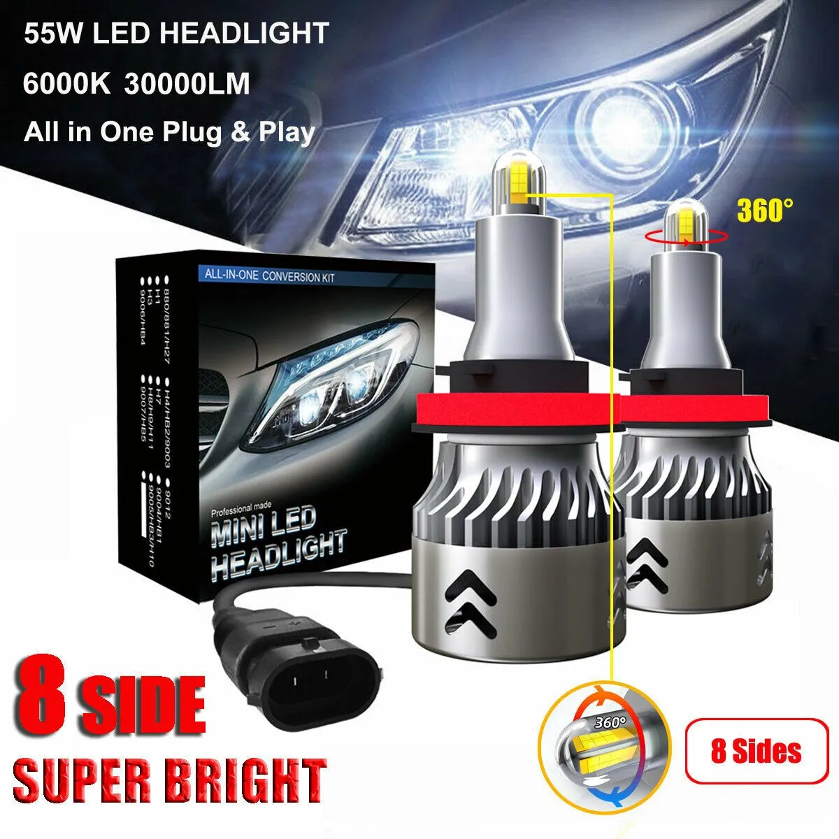 Car LED Lights 8 Side 110W 30000LM H8 H9 H11 360° Car Canbus LED Headlight Lamp Kit White 6000K For Car Light Equippment Parts
Car LED Lights 8 Side 110W 30000LM H8 H9 H11 360° Car Canbus LED Headlight Lamp Kit White 6000K For Car Light Equippment Parts