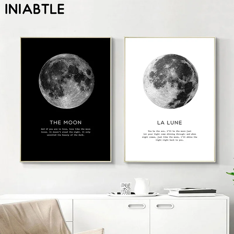 Плакат на холсте с изображением Луны и цитатами черно-белый настенный