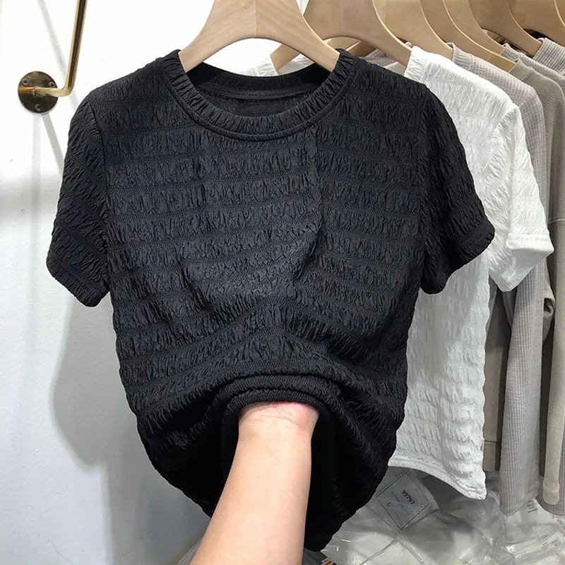 Женская Повседневная футболка со складками, летние платья с коротким рукавом-фонариком и круглым вырезом, милая Футболка-трапеция в Корейс... 
Женская Повседневная футболка со складками, летние платья с коротким рукавом-фонариком и круглым вырезом, милая Футболка-трапеция в Корейс...