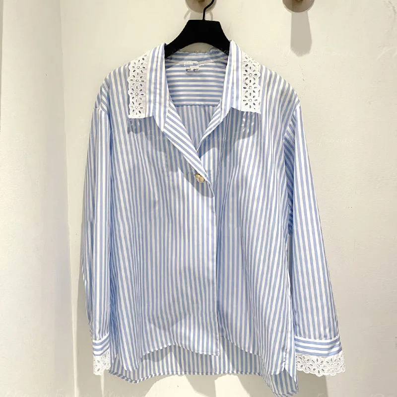 

Patads French shirt 2021 spring and summer ol commuter stripe lace splicing simple long sleeve top