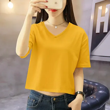 HAN Short-sleeved T-shirt women's summer new style multi-color navel loose loose V-neck high-waist bottoming shirt simple
HAN Short-sleeved T-shirt women's summer new style multi-color navel loose loose V-neck high-waist bottoming shirt simple