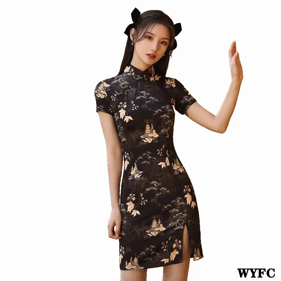 Summer Short Sleeve Stand Collar Black Short Cheongsam Printing National Tide Chinese Style Women's Clothing Dress Fashion 1Pcs
Summer Short Sleeve Stand Collar Black Short Cheongsam Printing National Tide Chinese Style Women's Clothing Dress Fashion 1Pcs