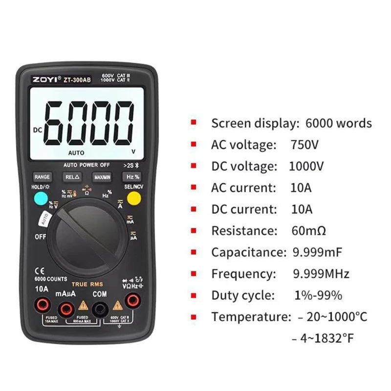 Digital Multimeter 6000 Counts Auto-Ranging/Manual Voltage Tester Meter w/ Ohm Volt Amp Capacitance Temperature Frequen
Digital Multimeter 6000 Counts Auto-Ranging/Manual Voltage Tester Meter w/ Ohm Volt Amp Capacitance Temperature Frequen