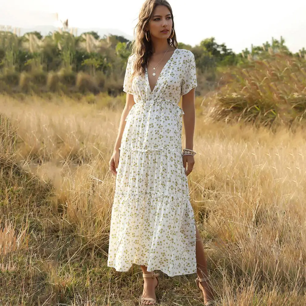 Women Beach Print Long Dress Summer Short Sleeve Sexy Deep V-Neck Ruffle Casual Floral Elegant Bobo Rebo Sundress For Ladies
Women Beach Print Long Dress Summer Short Sleeve Sexy Deep V-Neck Ruffle Casual Floral Elegant Bobo Rebo Sundress For Ladies