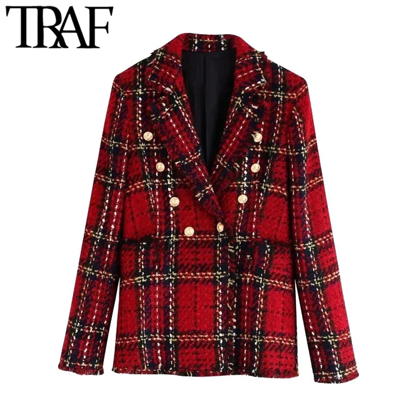 TRAF Women Fashion Double Breasted Tweed Check Blazer Coat Vintage Long Sleeve Frayed Tassel Female Outwear Chic Tops
TRAF Women Fashion Double Breasted Tweed Check Blazer Coat Vintage Long Sleeve Frayed Tassel Female Outwear Chic Tops
