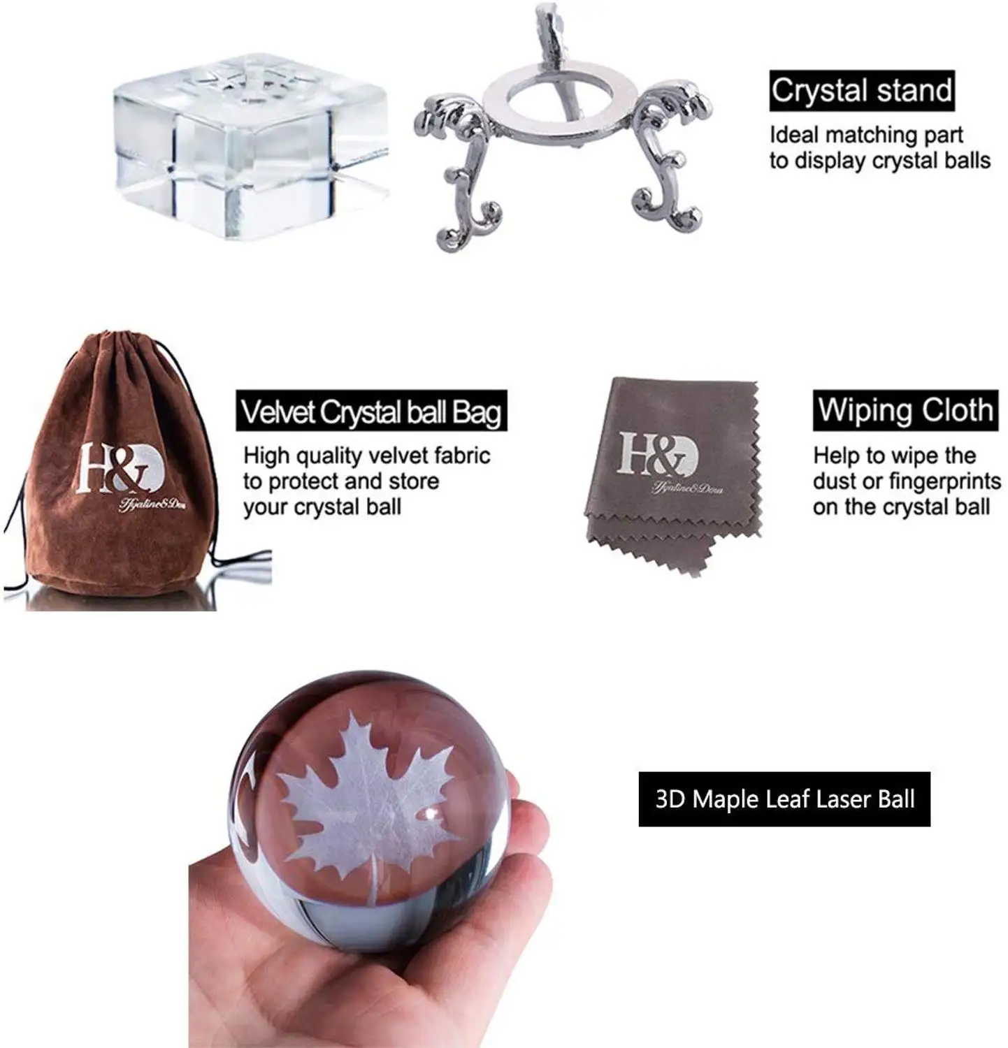 H&D 60mm Inner Carving 3D Crystal Ball Paperweight with 2pcs Stand Art Glass Figurine Fengshui Home Desktop Decor (Maple Leaf)
H&D 60mm Inner Carving 3D Crystal Ball Paperweight with 2pcs Stand Art Glass Figurine Fengshui Home Desktop Decor (Maple Leaf)