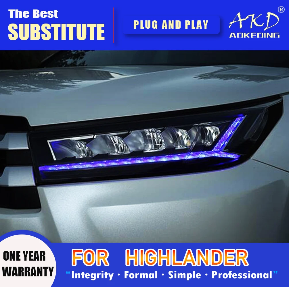 Фото Налобный фонарь AKD для Toyota Highlander светодиодный налобный 2018-2021 фары ДХО сигнал