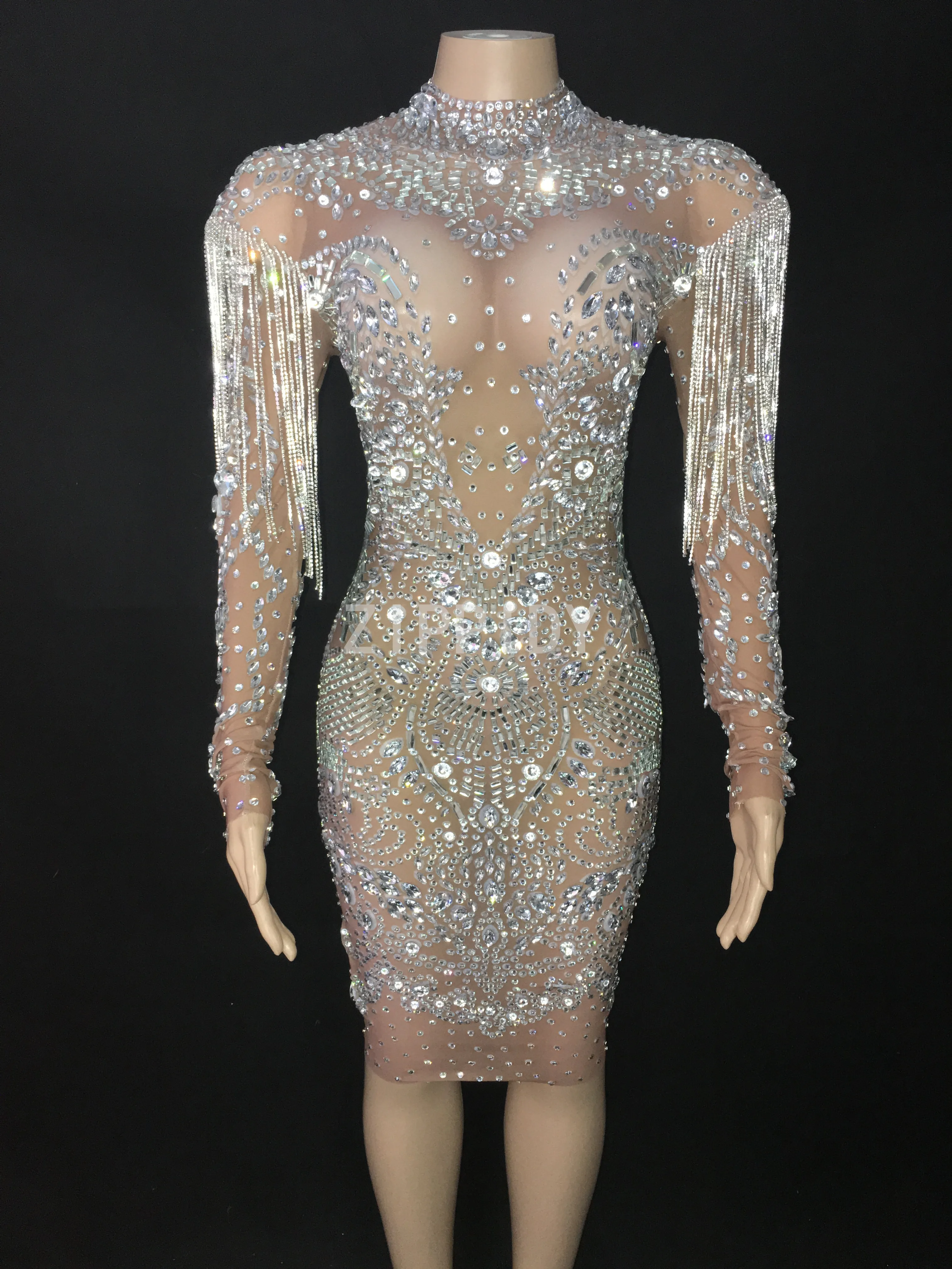 

Блестящее серебряное Прозрачное платье стразы с бахромой женское Сетчатое платье для празднования дня рождения женское танцевальное плат...