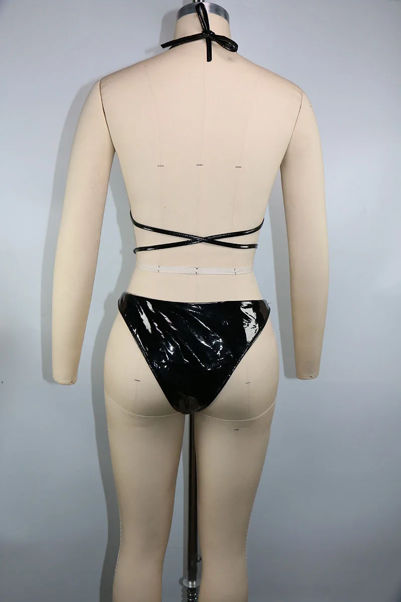 Женский черный Яркий кожаный купальник сексуальный бандажный бикини комплект из