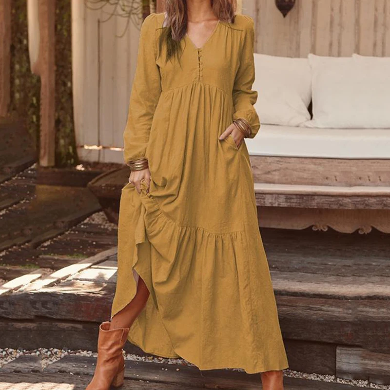 Autumn Ladies Dress Fashion Vintage Buttons Party Dress Casual Solid Long Sleeve V-neck A-Line Ladies Sexy Dresses
Autumn Ladies Dress Fashion Vintage Buttons Party Dress Casual Solid Long Sleeve V-neck A-Line Ladies Sexy Dresses