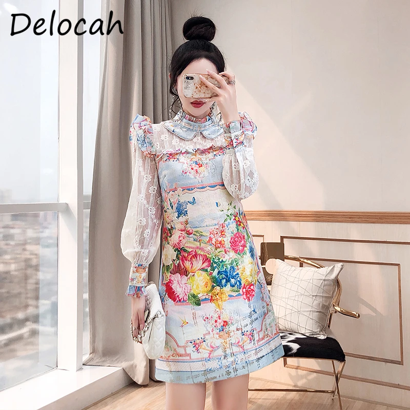 

Delocah новые 2021 осенние модные дизайнерские качественные женские вечерние мини-платье с рукавами-фонариками шикарный оборками цветочное печ...