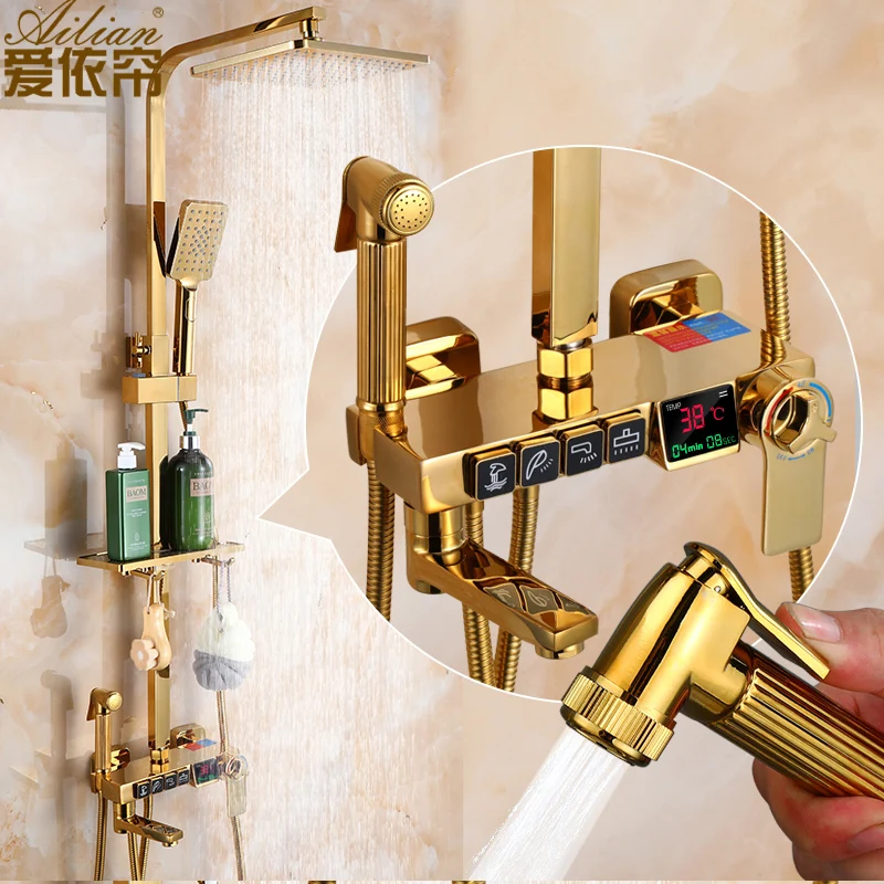 Brass Intelligent Digital Display Thermostatic Shower Set Home Pressure Booster Gold Hot and Cold Four-speed Faucet Shower
Brass Intelligent Digital Display Thermostatic Shower Set Home Pressure Booster Gold Hot and Cold Four-speed Faucet Shower