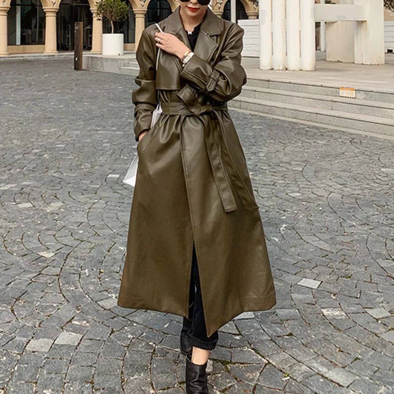 Осенние женские модные длинные свободные пальто из искусственной кожи с длинным рукавом и поясом 
Осенние женские модные длинные свободные пальто из искусственной кожи с длинным рукавом и поясом