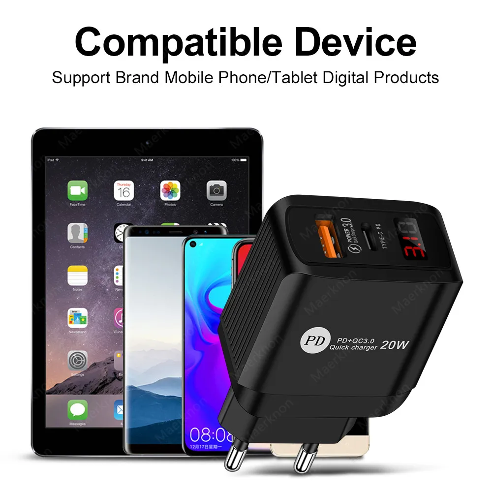 Quick Charge 4.0 3.0 QC PD Charger LED Display 20W QC3.0 USB Type C Fast Charger for iPhone 12 X Xs 8 Xiaomi Phone PD Charger
Quick Charge 4.0 3.0 QC PD Charger LED Display 20W QC3.0 USB Type C Fast Charger for iPhone 12 X Xs 8 Xiaomi Phone PD Charger