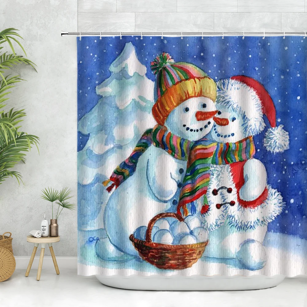 

Christmas Shower Curtains Set Snowman Couple Wearing Xmas Hats in Hug Snowballs Anti-slip Bath Mats Entrance Door Mat Aisle Rug