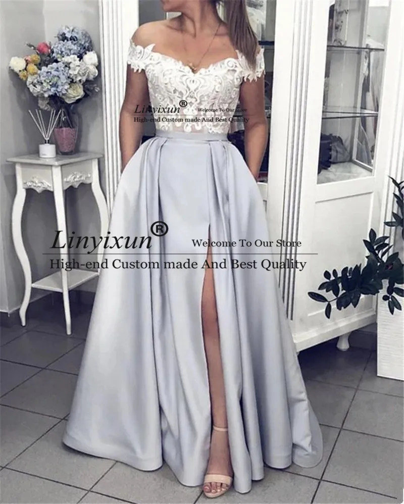 Elegant Side Split Prom Dresses Long Off The Shoulder Lace Appliques Pockets Celebrity Formal Gowns Sweep Train Customized Gala
Elegant Side Split Prom Dresses Long Off The Shoulder Lace Appliques Pockets Celebrity Formal Gowns Sweep Train Customized Gala