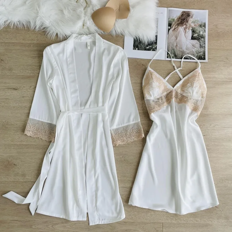 Women Kimono Bathrobe Gown Satin Silk Sleepwear 2 Pieces Robe Set Casual Home Clothes Lace Patchwork Nightgown Intimate Lingerie
Women Kimono Bathrobe Gown Satin Silk Sleepwear 2 Pieces Robe Set Casual Home Clothes Lace Patchwork Nightgown Intimate Lingerie