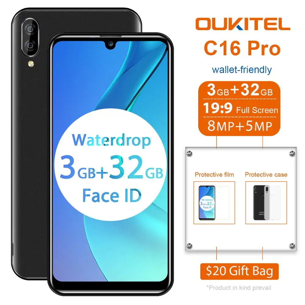 Смартфон OUKITEL C16 Pro 4G 3 ГБ 32 5 71 дюйма Android 9 0 19:9 2600 мАч экран Waterdrop сканер отпечатка