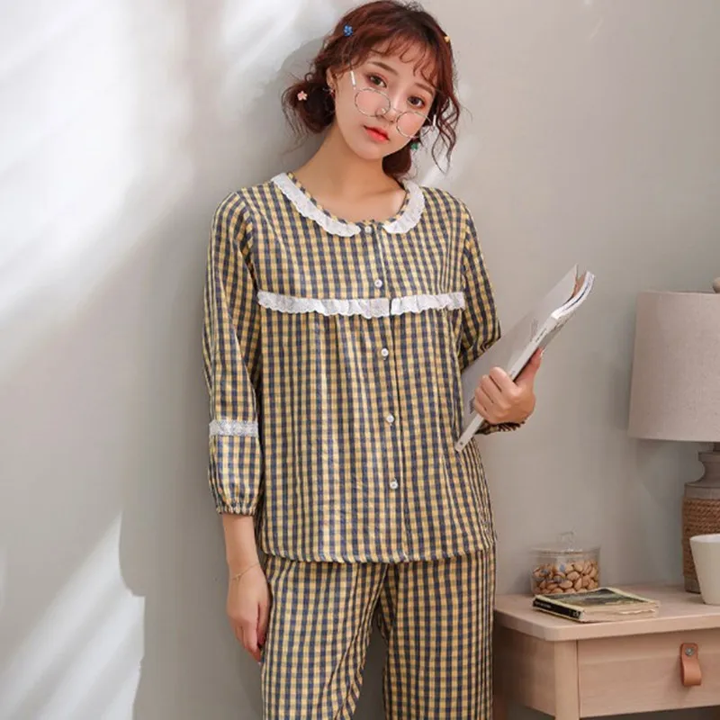 Spring Autumn Women Pajamas Set Nine Point Sleeve Sweet Girl Sleepwear Pijama Casual Home Clothes Plaid Loose Pyjama Femme 2020
Spring Autumn Women Pajamas Set Nine Point Sleeve Sweet Girl Sleepwear Pijama Casual Home Clothes Plaid Loose Pyjama Femme 2020